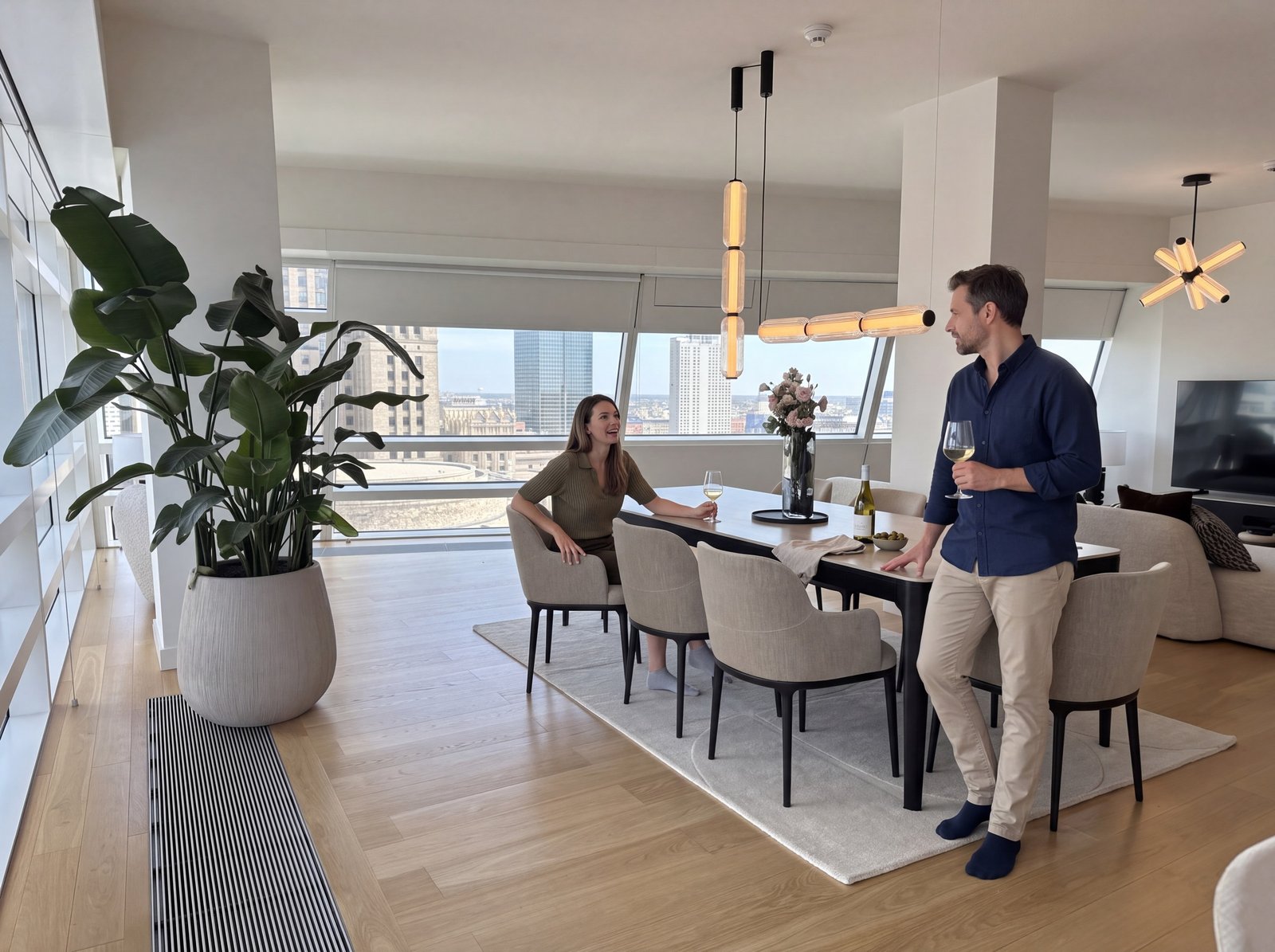 Renting an apartment in Złota 44: tenants in the dining room with a view of central Warsaw